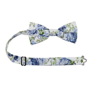 Frisco Pre-Tied Bow Tie with adjustable neck strap. White background with small and medium size light blue flowers and sage green leaves.