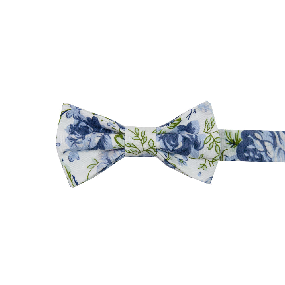 Frisco Pre-Tied Bow Tie. White background with small and medium size light blue flowers and sage green leaves.
