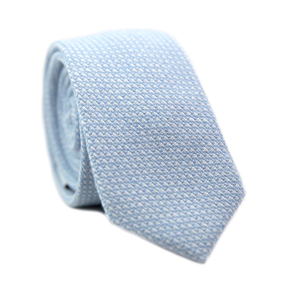 Frosted Morning Skinny Tie. Blue and white textured fabric.