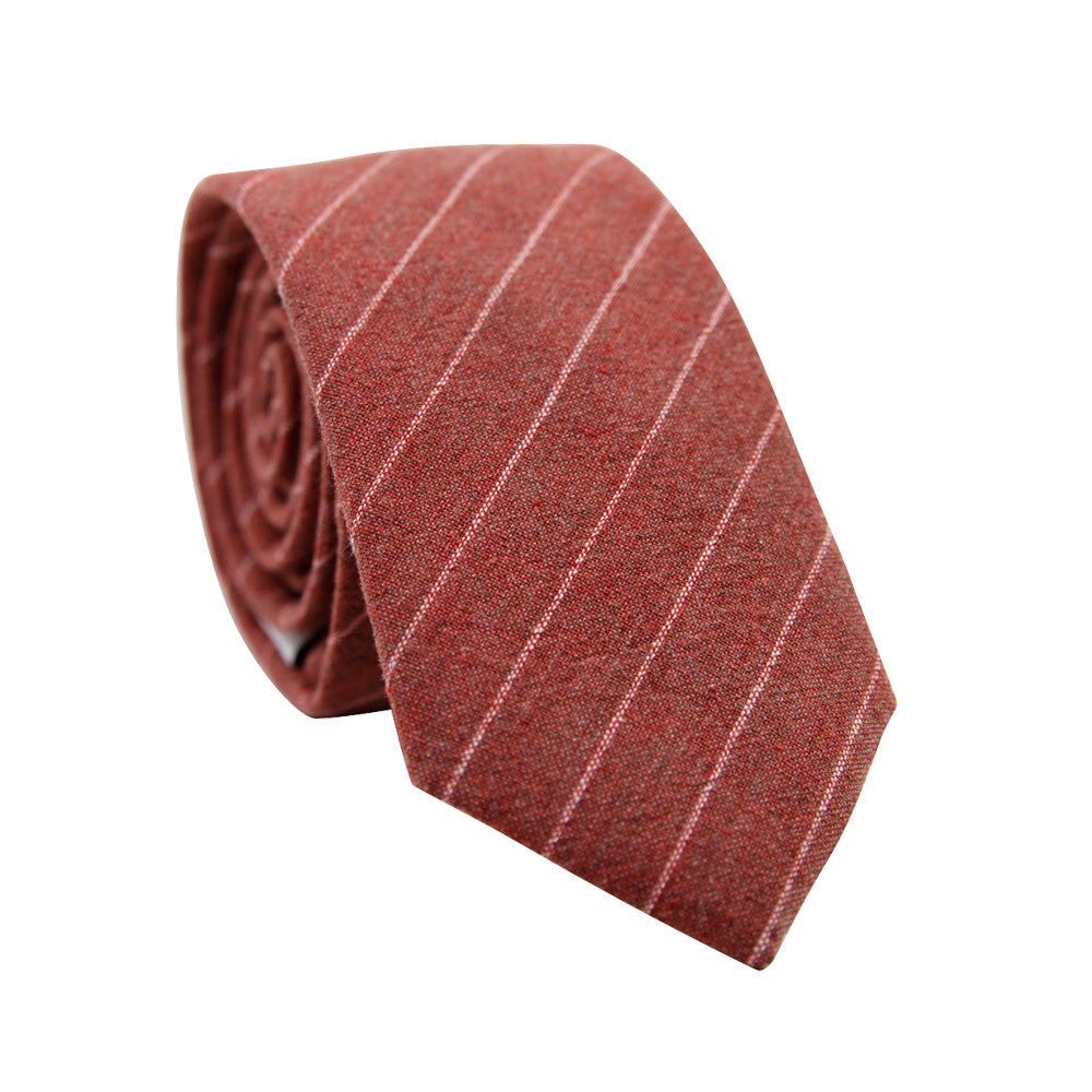 Garnet Stripe Skinny Tie. Burgundy textured background with thin white diagonal stripes.