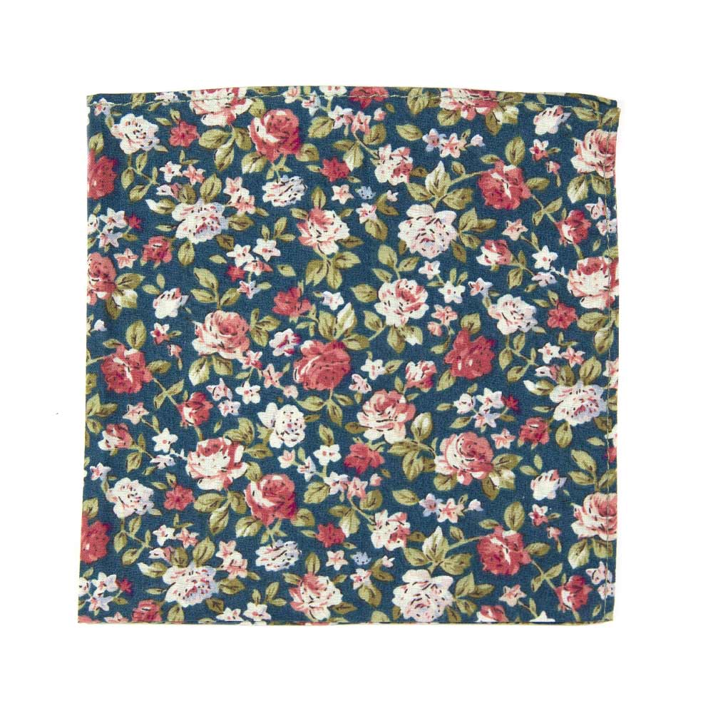 Green Floral Pocket Square. Green background with white and orange flowers and green stems and leaves.