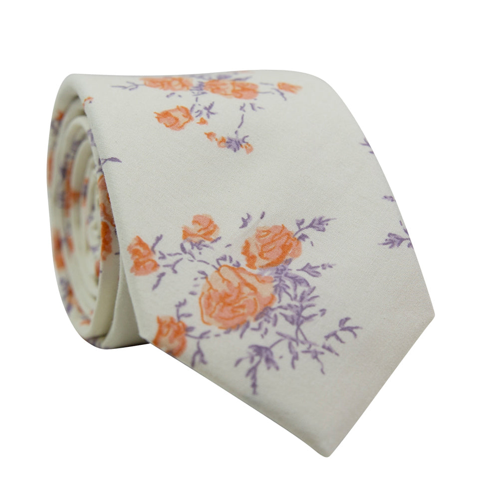 Harvest Blossom Skinny Tie. Cream or off white background with medium size orange flowers and lavender purple leaves and stems.