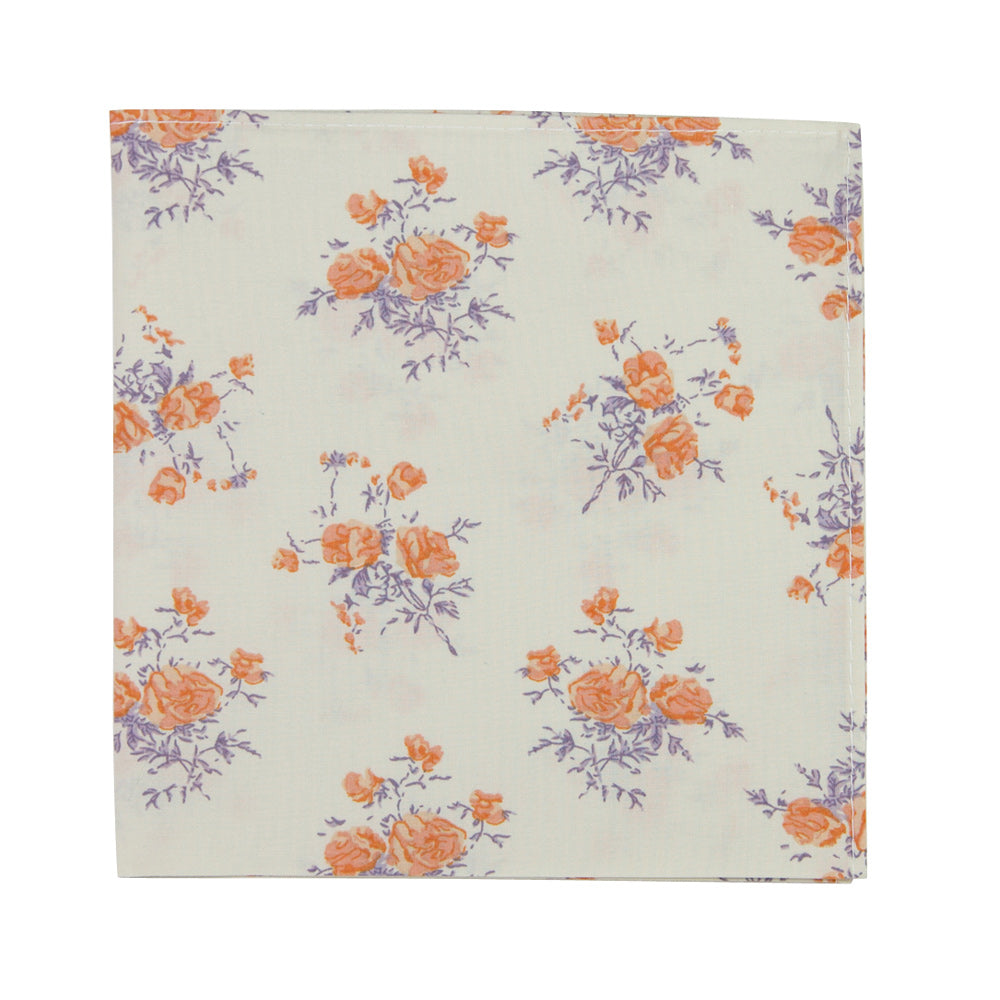 Harvest Blossom Pocket Square. Cream or off white background with medium size orange flowers and lavender purple leaves and stems.