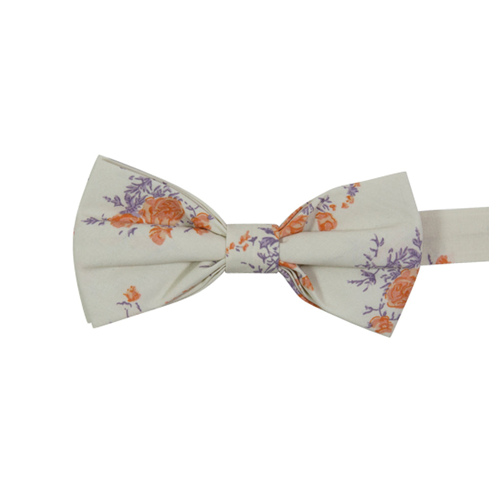 Harvest Blossom Pre-Tied Bow Tie. Cream or off white background with medium size orange flowers and lavender purple leaves and stems.