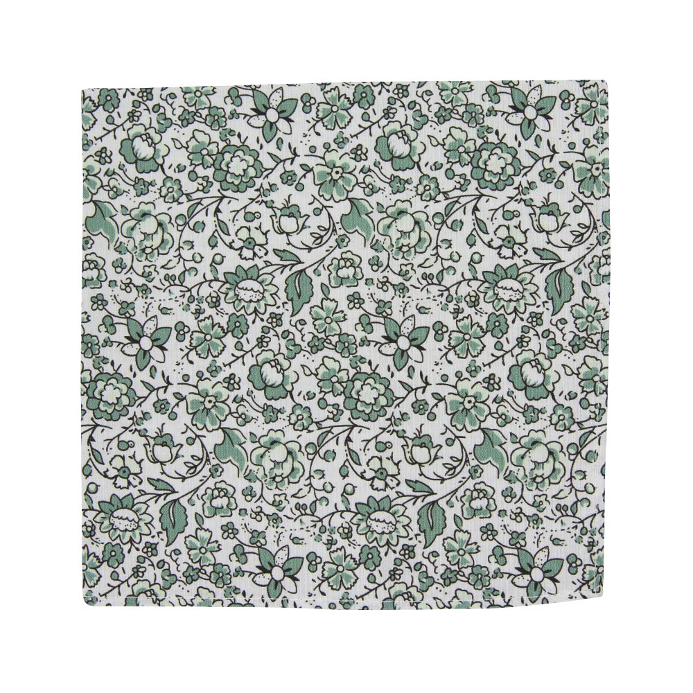 Hidden Garden Pocket Square. White background with sage green flowers and leaves with black vines.