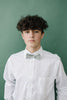 Hidden Garden pre-tied bow tie worn with a long sleeve white shirt.