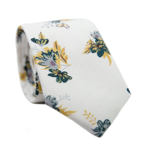 Honeysuckle Skinny Tie. White background with yellow, lavender, and teal flowers.