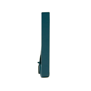 Solid hunter green metal tie bar standing on one end.
