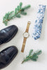 Indie Skye tie laying on the floor next to pine leaves, a gold watch and black shoes.