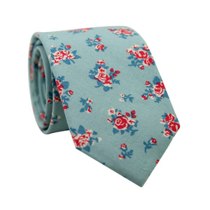 Leid Back Skinny Tie. Mint green background with small red flowers and dusty blue flowers throughout. 