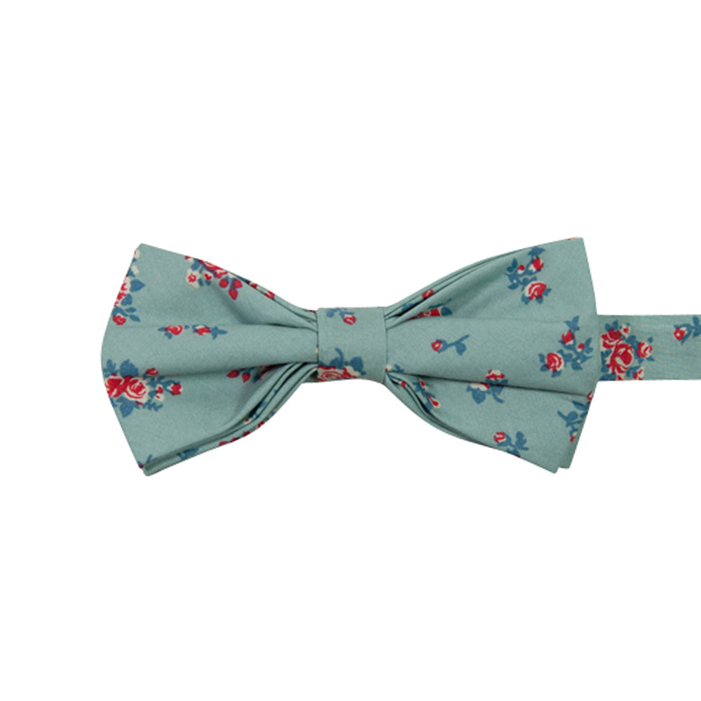 Leid Back Pre-Tied Bow Tie. Mint green background with small red flowers and dusty blue flowers throughout. 