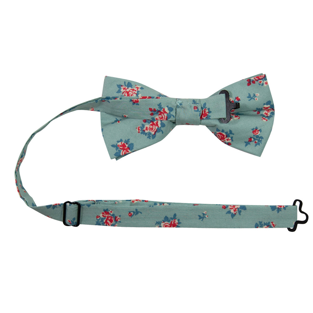 Leid Back Pre-Tied Bow Tie with adjustable neck strap. Mint green background with small red flowers and dusty blue flowers throughout. 