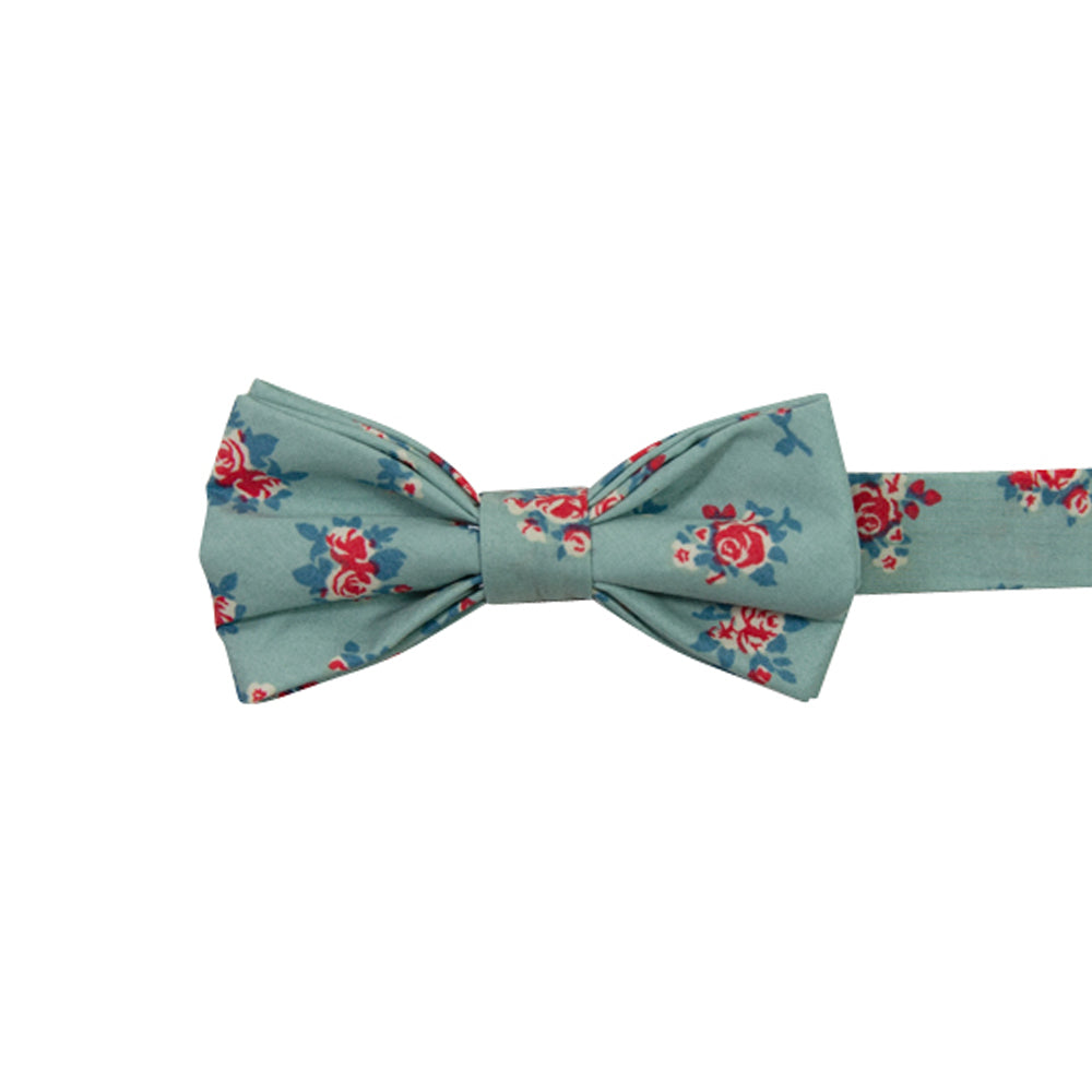 Leid Back Pre-Tied Bow Tie. Mint green background with small red flowers and dusty blue flowers throughout. 