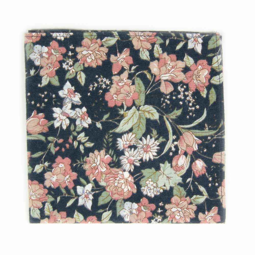 Lotus Pocket Square. Navy background with white and blush pink flowers and sage green stems and leaves.
