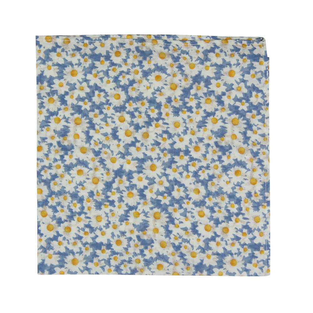 Mahalo Floral Pocket Square. Dusty blue background with medium sized white and yellow daisy flowers throughout.