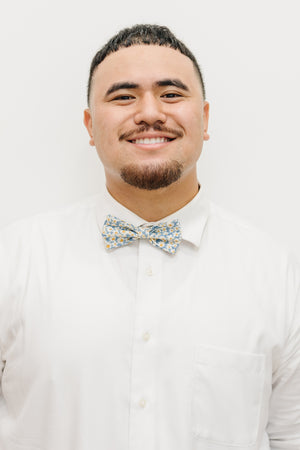 Mahalo pre-tied bow tie worn with a white shirt.