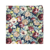Mardi Pocket Square. Navy background with yellow, red, and cream flowers and blue leaves.