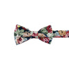 Mardi Pre-Tied Bow Tie. Navy background with yellow, red, and cream flowers and blue leaves.