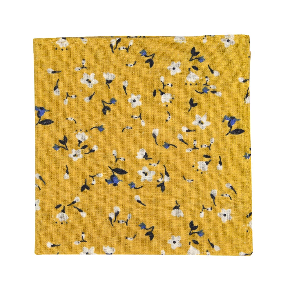 Marigold Pocket Square. Yellow background with small white, black and blue flowers.