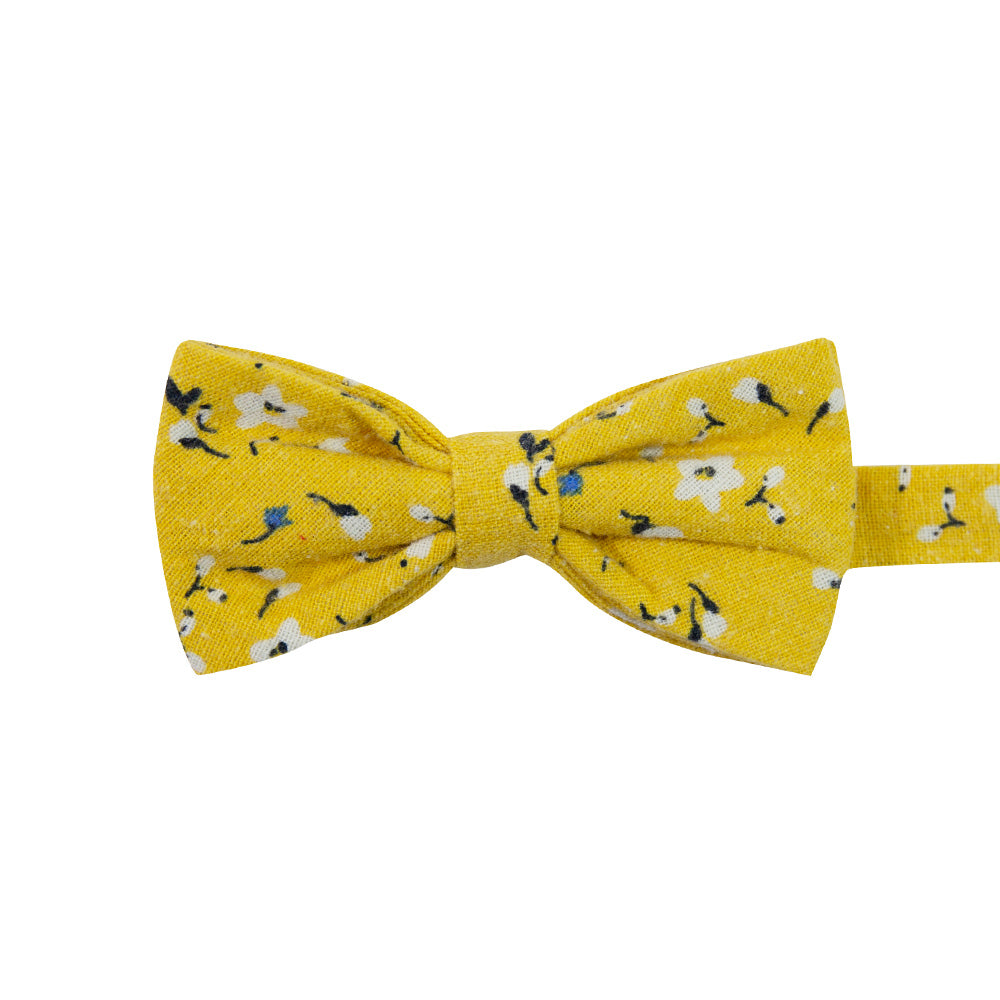 Marigold Pre-Tied Bow Tie. Yellow background with small white, black and blue flowers.