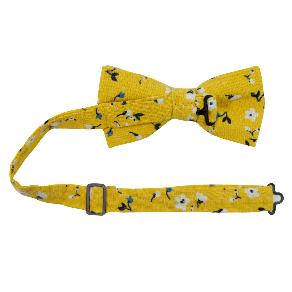 Marigold Pre-Tied Bow Tie with Adjustable Neck Strap. Yellow background with small white, black and blue flowers.