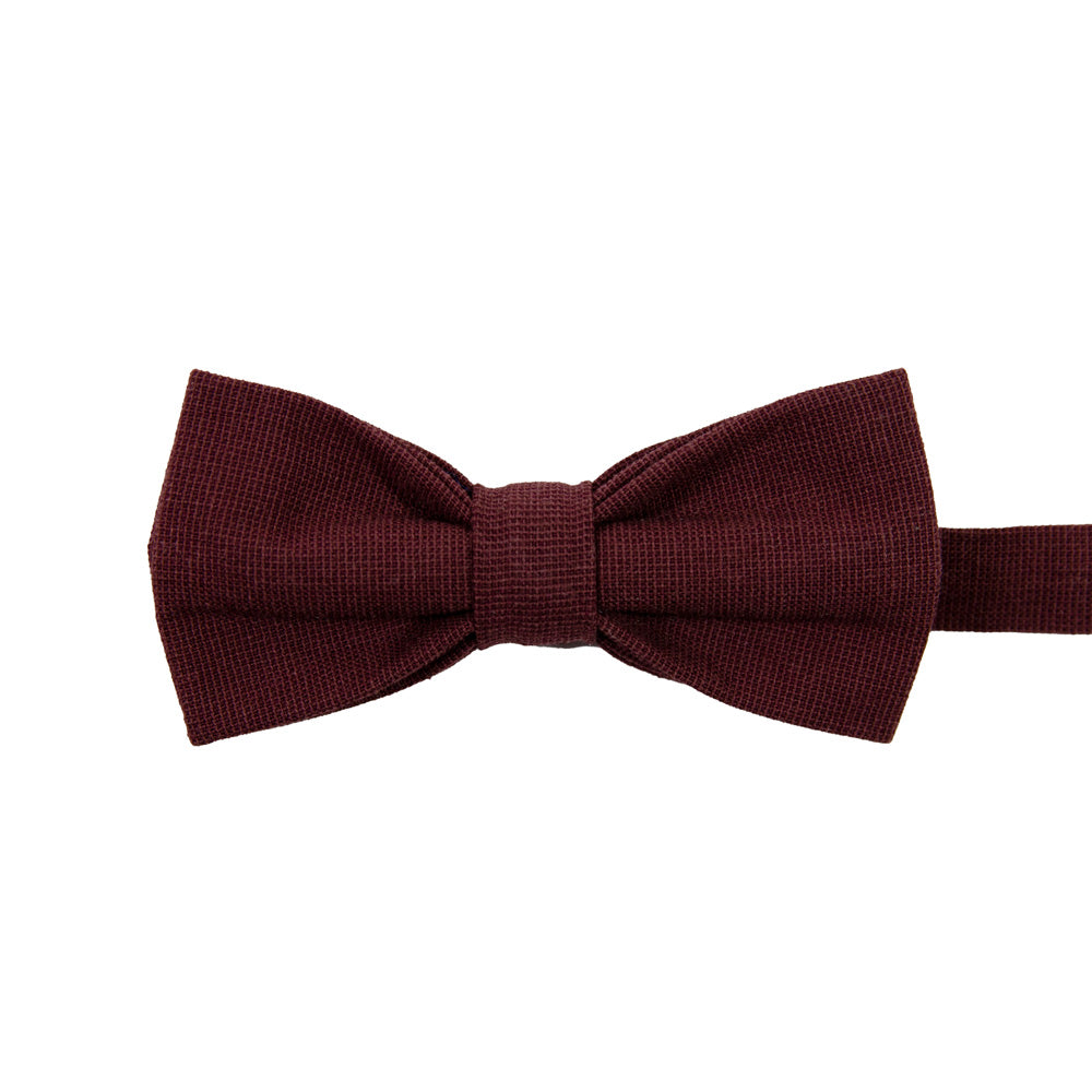 Merlot Pre-Tied Bow Tie. Solid burgundy textured fabric.