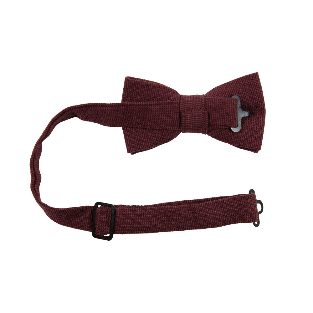 Merlot Pre-Tied Bow Tie with adjustable neck strap. Solid burgundy textured fabric.