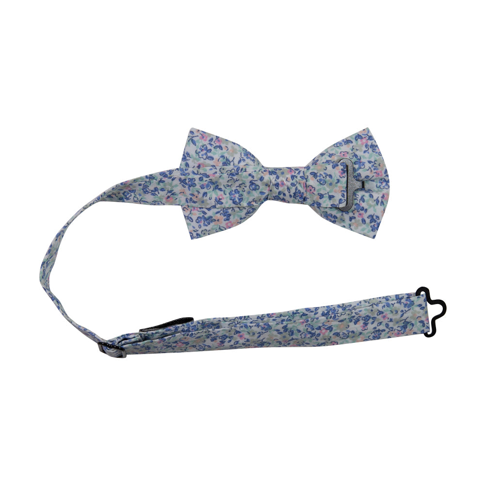Misty Love Floral Pre-Tied Bow Tie with adjustable neck strap. White background with small blue, green, and pink flowers and mint green and blue leaves throughout.