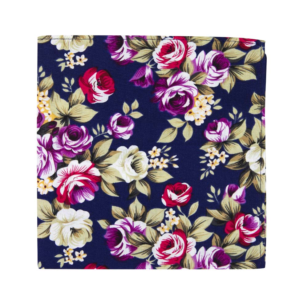 Navy Blue Floral Pocket Square. Navy blue background with pink, red, white and yellow flowers, and green leaves.