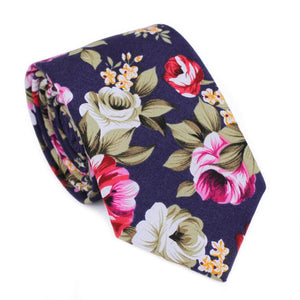 Navy Blue Floral Skinny Tie. Navy blue background with pink, red, white and yellow flowers, and green leaves.