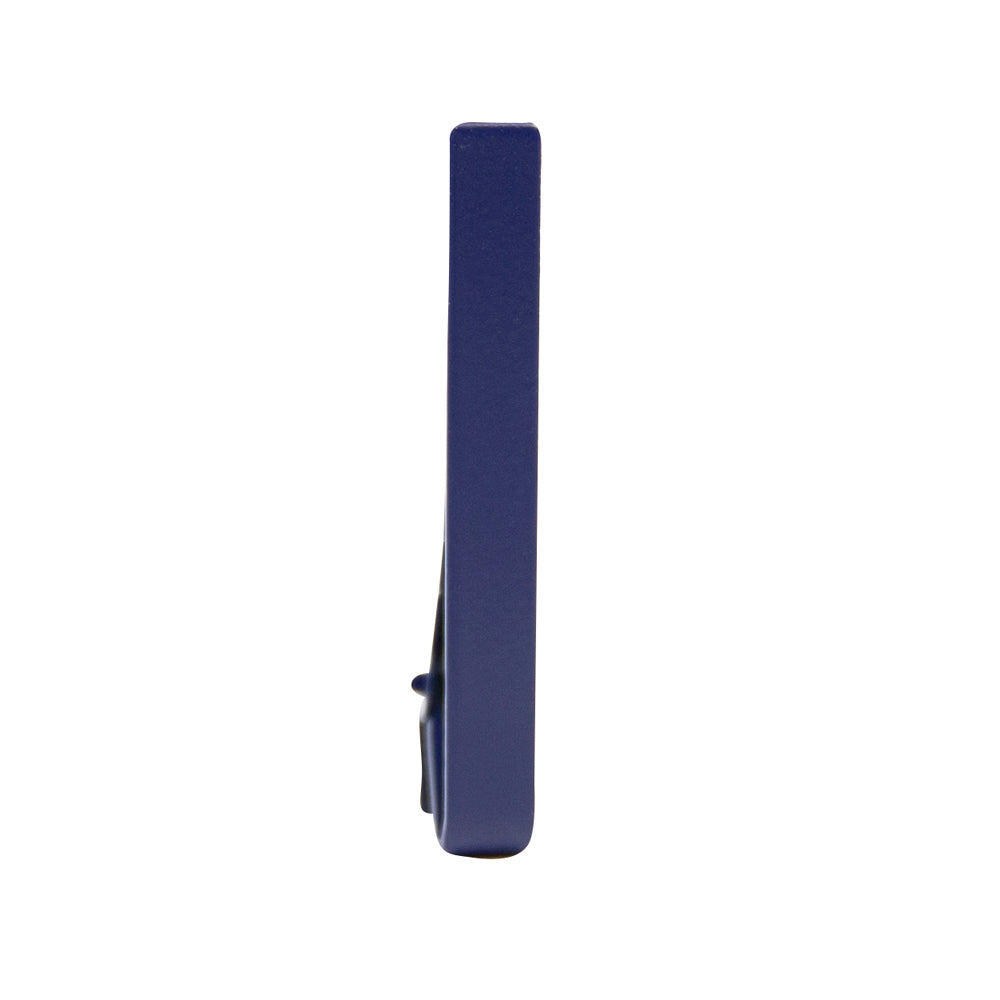 Solid navy blue metal tie bar standing on one end.