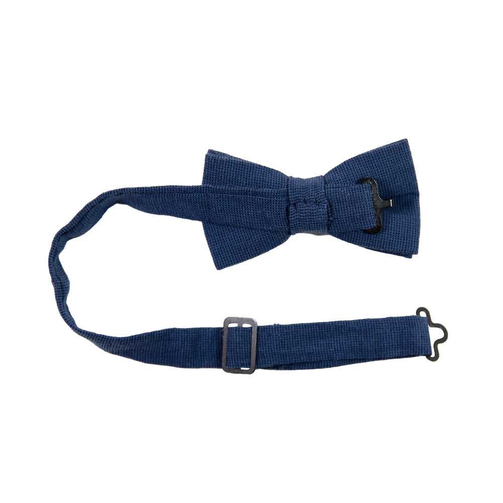 Navy Pre-Tied Bow Tie with adjustable neck strap. Textured solid navy blue fabric.