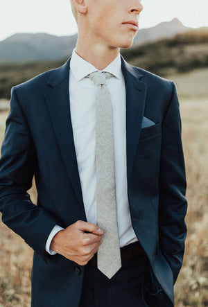 Onyx tie worn with a white shirt and blue suit.