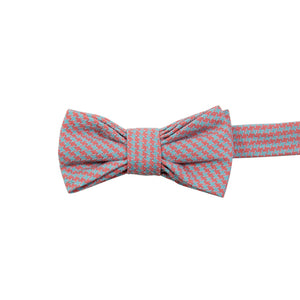 Opal Weave Pre-Tied Bow Tie. Herringbone weave pattern of light blue and salmon color fabric. 