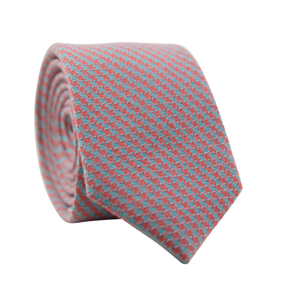 Opal Weave Skinny Tie. Herringbone weave pattern of light blue and salmon color fabric. 