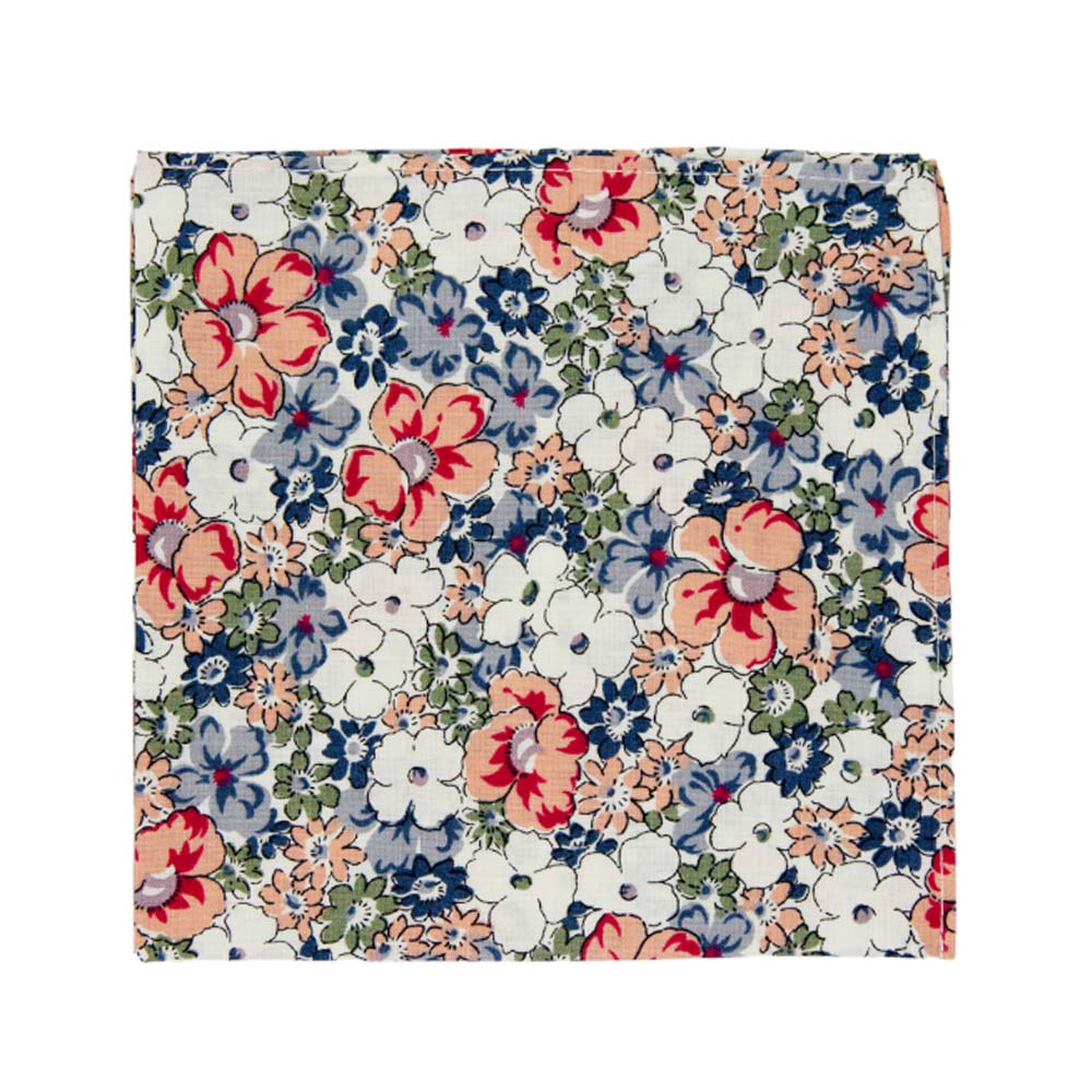 Orange Pansy Pocket Square. Cream background with orange, blue, sage green, white and lavender flowers.