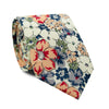Orange Pansy Skinny Tie. Cream background with orange, blue, sage green, white and lavender flowers.