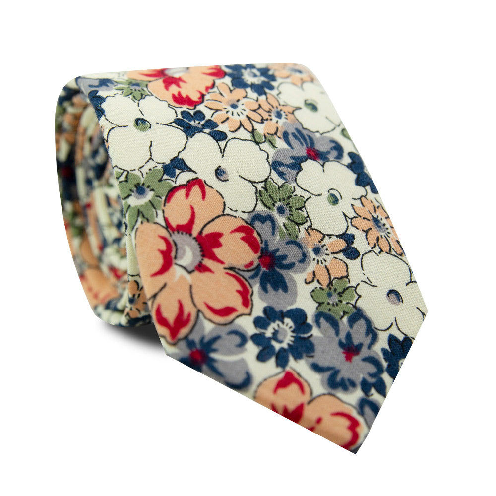 Orange Pansy Skinny Tie. Cream background with orange, blue, sage green, white and lavender flowers.