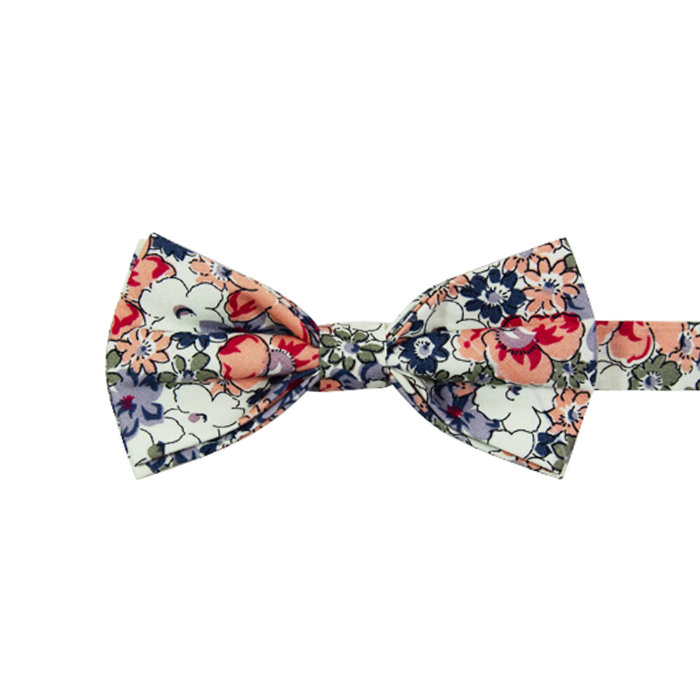 Orange Pansy Pre-Tied Bow Tie. Cream background with orange, blue, sage green, white and lavender flowers.