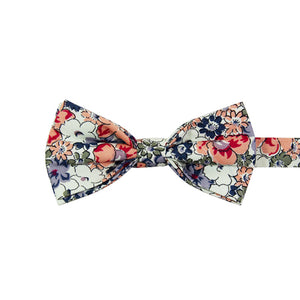 Orange Pansy Pre-Tied Bow Tie. Cream background with orange, blue, sage green, white and lavender flowers.
