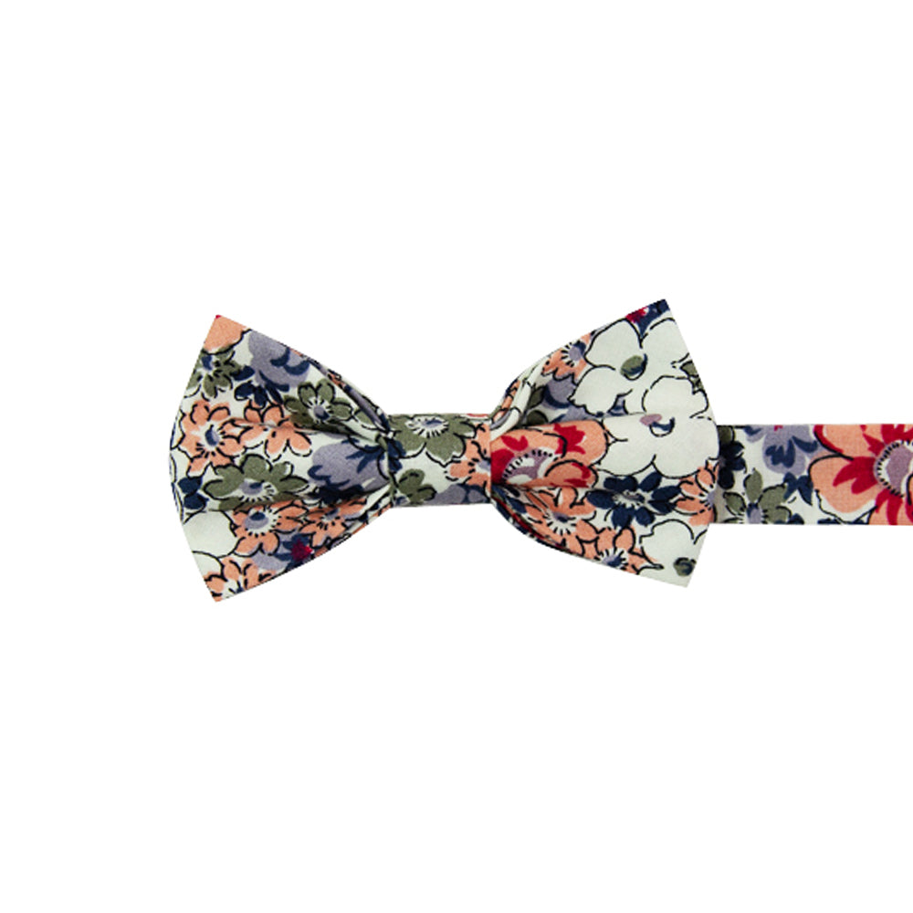 Orange Pansy Pre-Tied Bow Tie. Cream background with orange, blue, sage green, white and lavender flowers.