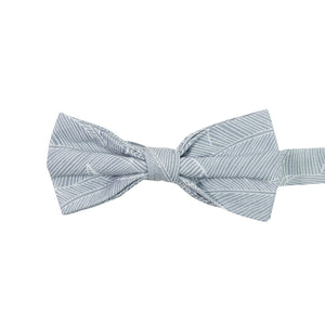 Palm Pre-Tied Bow Tie. Blue/gray background with white palm leaf pattern over entire tie.
