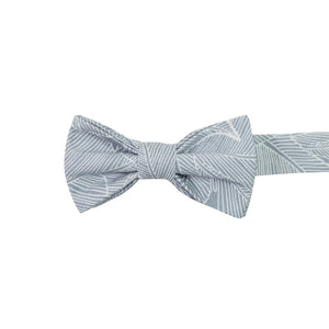 Palm Pre-Tied Bow Tie. Blue/gray background with white palm leaf pattern over entire tie.