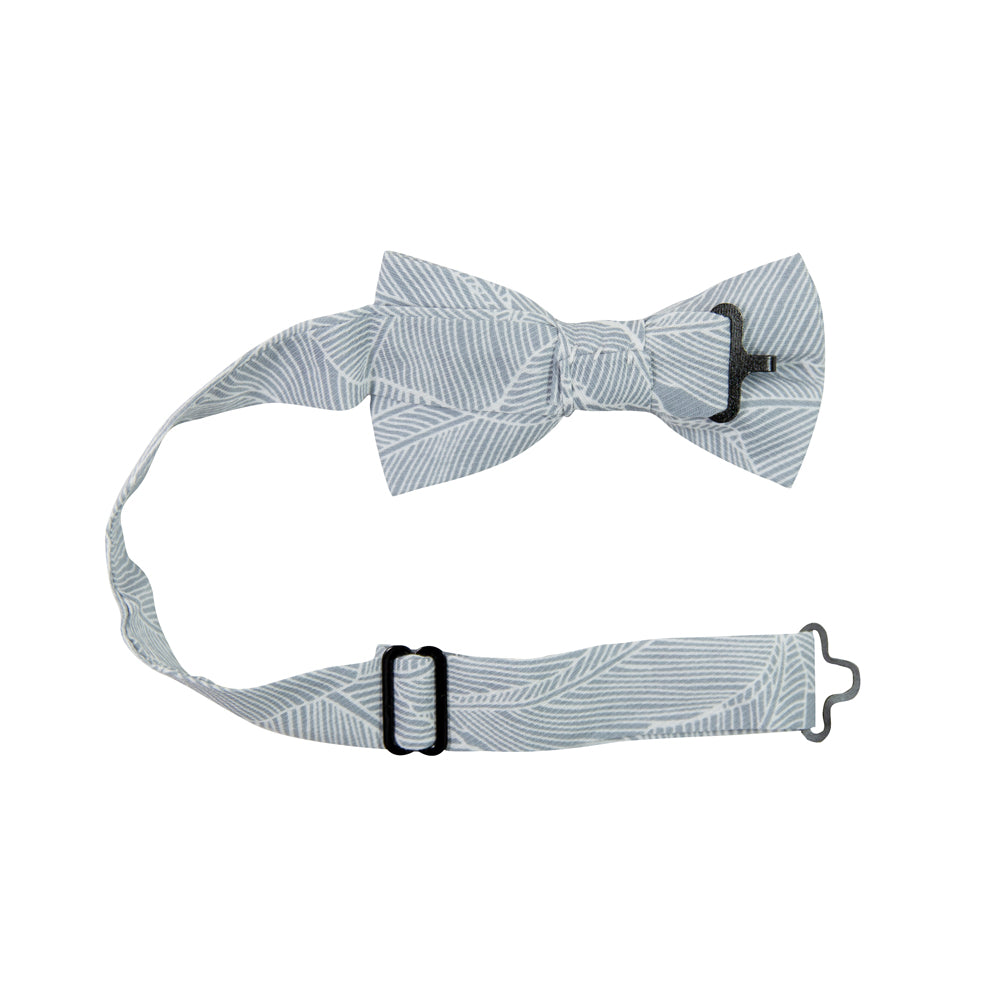 Palm Pre-Tied Bow Tie with Adjustable Neck Strap. Blue/gray background with white palm leaf pattern over entire tie.