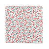 Peach Blossom Pocket Square. White background with small red and dusty blue flowers and small green leaves.