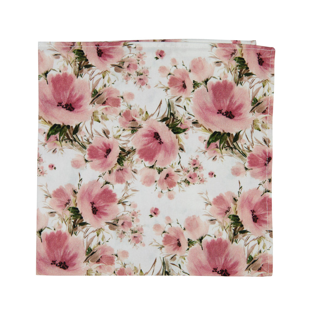 Peony Pocket Square. White background with medium sized blush pink flowers and sage green stems.