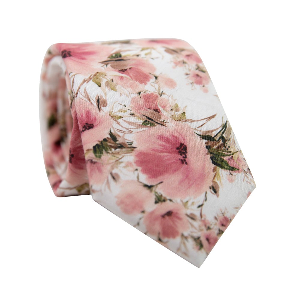 Peony Skinny Tie. White background with medium sized blush pink flowers and sage green stems.
