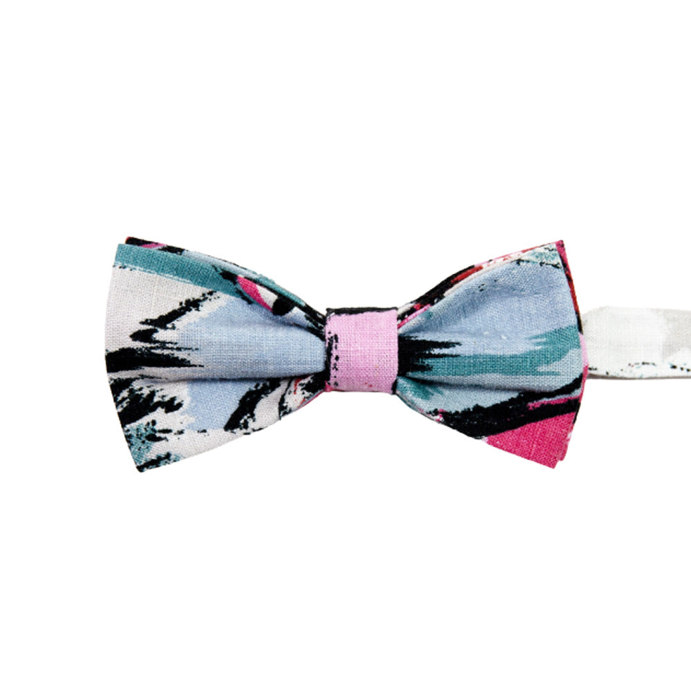 Picasso Pre-Tied Bow Tie. Pink, red, black, white and green abstract pattern.