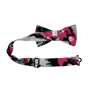 Picasso Pre-Tied Bow Tie with adjustable neck strap. Pink, red, black, white and green abstract pattern.