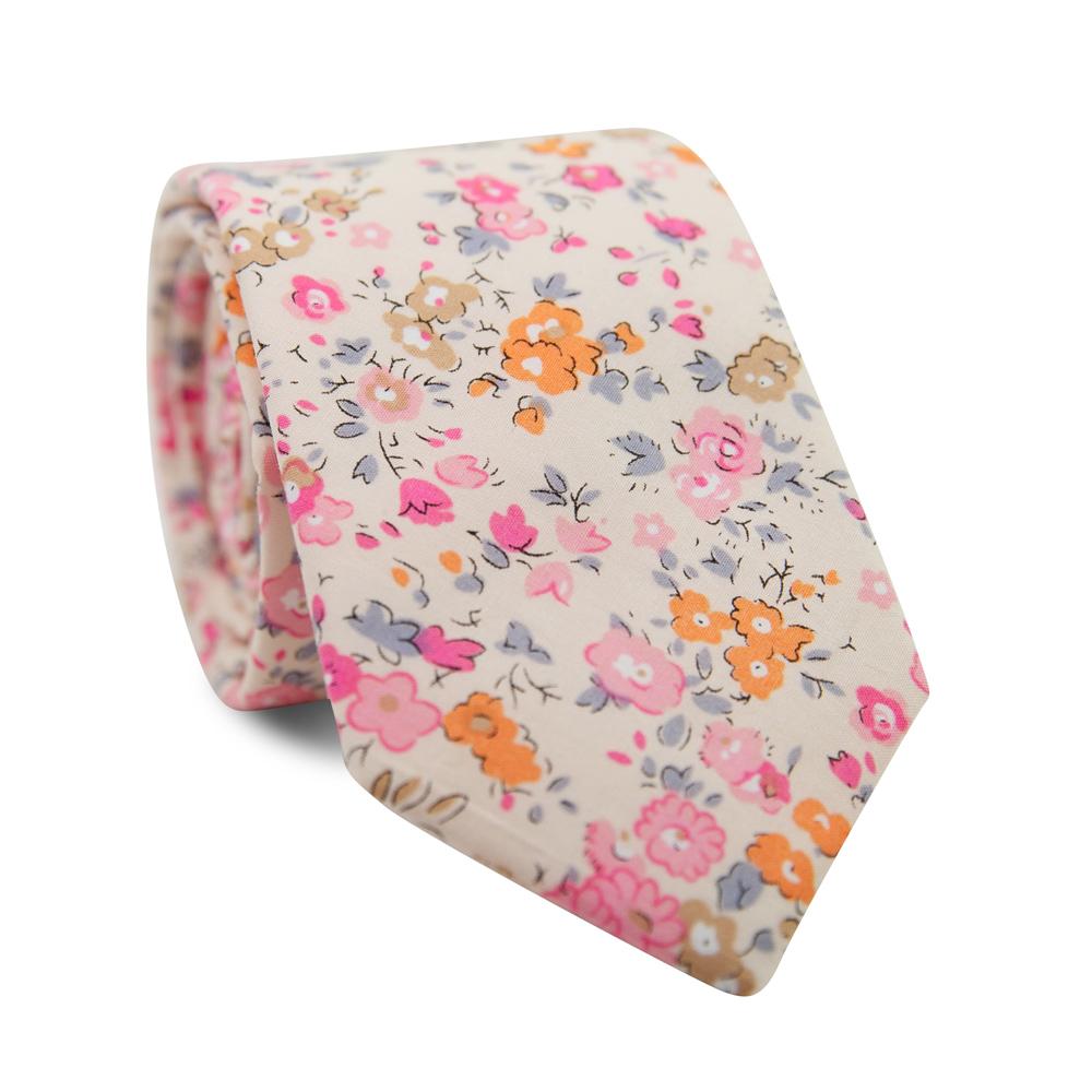 Pink Meadow Skinny Tie. Cream background with orange, light brown, pink and lavender flowers.